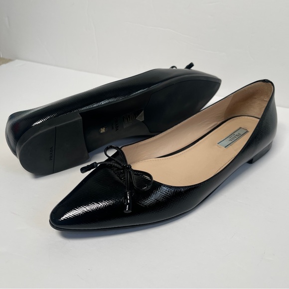 Prada Saffiano Leather Bow Logo Black Pointed Toe Flats - Picture 3 of 14
